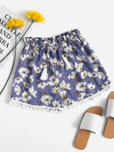 Floral Print Random Drawstring Pompom Pleated Shorts