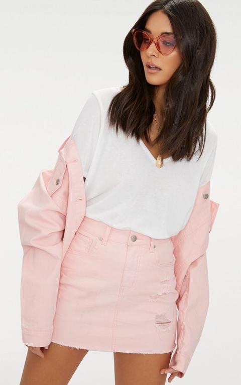 Baby Pink Distressed Denim Mini Skirt, Pink