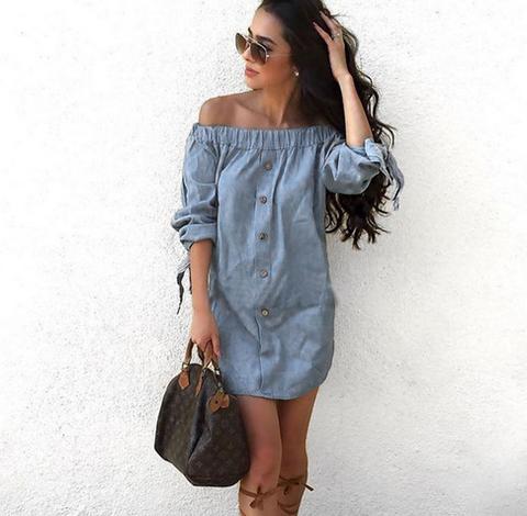 Abito Corto In Jeans Con Scollo A Barca Off Shoulder Denim