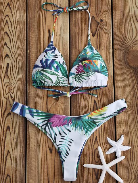 Bikini Perizoma Con Stampa Palma Tropicale White