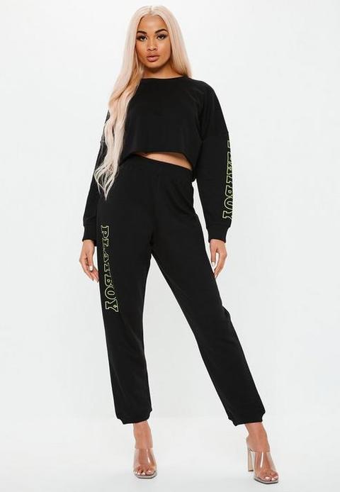 Playboy X Missguided Black Slogan Leg Joggers Black from