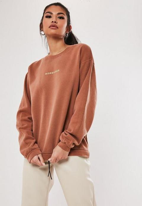 Brown Missguided Slogan Washed Sweatshirt, Brown