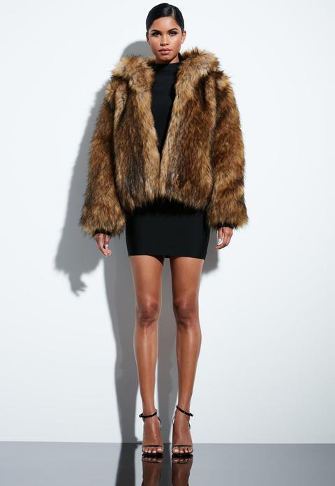 Brown Faux Fur Hooded Coat, Brown