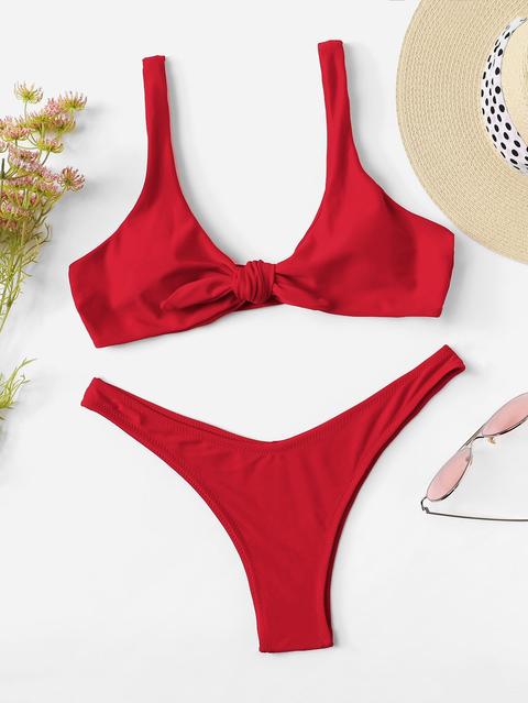 Knot Front Top With High Leg Bikini Set