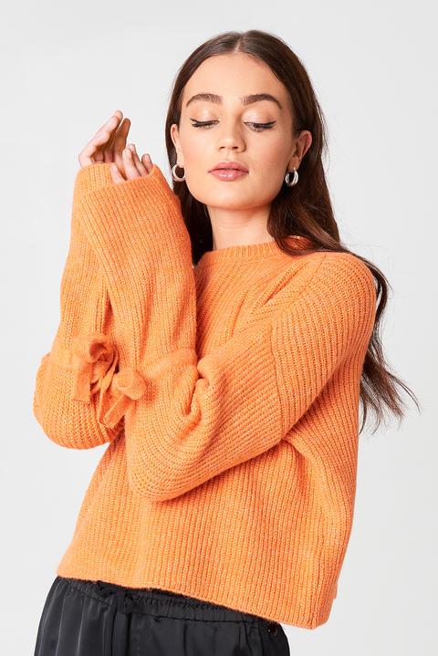 Cropped Tied Sleeve Knitted Sweater Orange