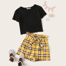 Conjunto De Niñas Top Tejido De Canalé Ribete En Forma De Lechuga Con Shorts De Cuadros Con Cinturón De Cintura Con Volante
