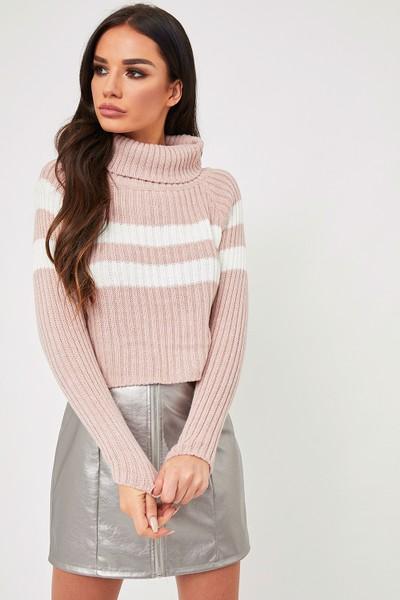 Emma Nude Cropped Turtle Neck Striped Jumper