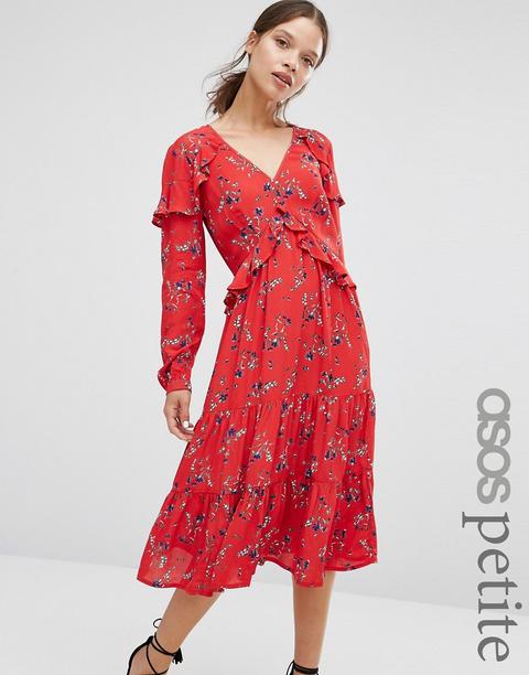 Vestido A Media Pierna Con Cuello En V Y Volantes Con Estampado Floral Vintage De Asos Petite