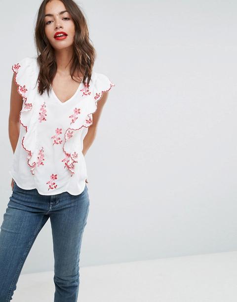 Blusa Escotada Con Detalle De Volante Y Bordados De Asos