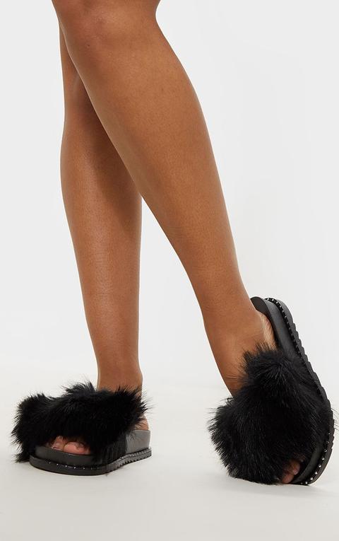 Black Faux Fur Studded Slider