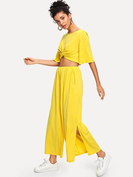 Twist Front Crop Top Con Pantaloni Fessura Palazzo