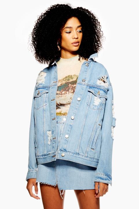 Womens Ripped Denim Jacket - Mid Stone, Mid Stone