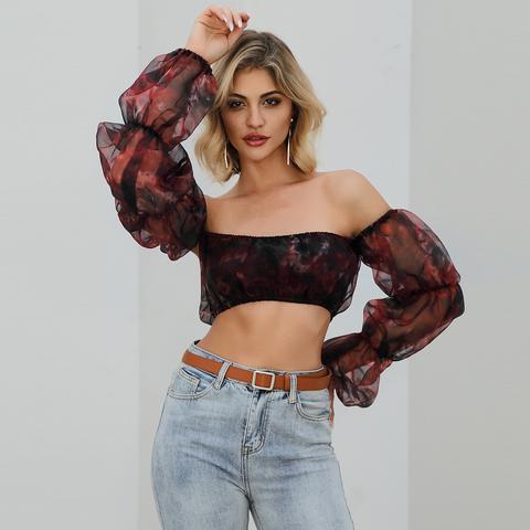 Off Shoulder Gather Sleeve Tie Dye Mesh Crop Top