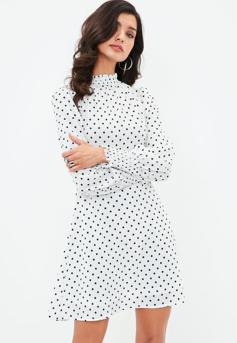 White Polka Dot High Neck Dress