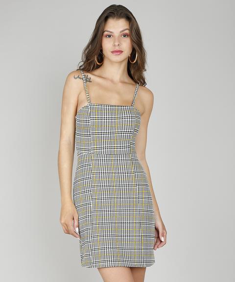 Vestido Feminino Curto Estampado Xadrez Alça Fina Off White