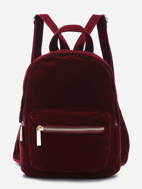 Burgundy Pocket Front Double Handle Velvet Backpack