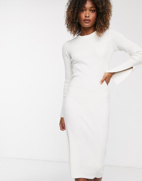 Y.a.s Ribbed Midi Dress With Side Zip And Sleeve Split Detail In White