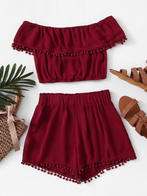 Off Shoulder Pom Pom Trim Top With Shorts