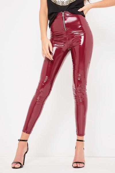 Carla Wine Zip Front Vinyl Leggings