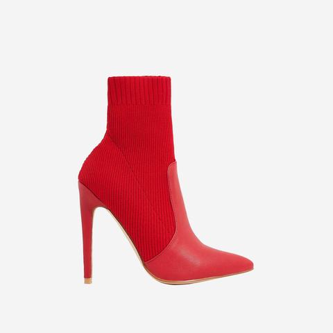Phoenix Knitted Sock Boot In Red Faux Leather