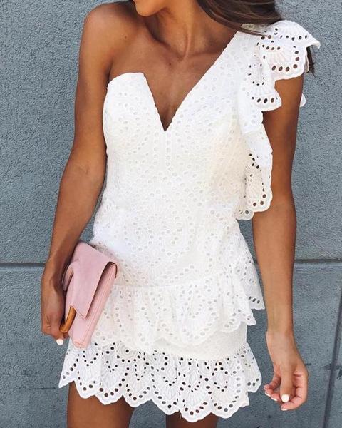 One Shoulder Hollow Out Ruffle Trim Mini Dress