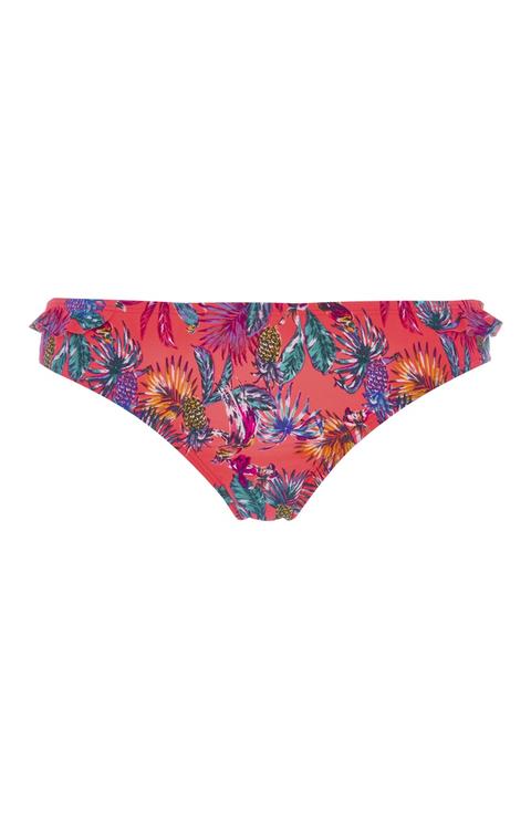 Slip Bikini Rosa A Fiori Con Volant