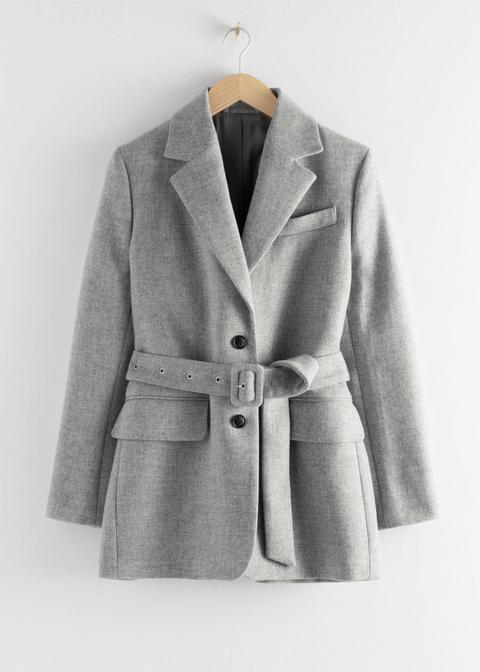 Square Buckle Belted Blazer - Grey