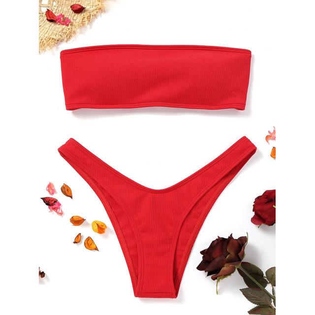 high cut ribbed bandeau bikini set