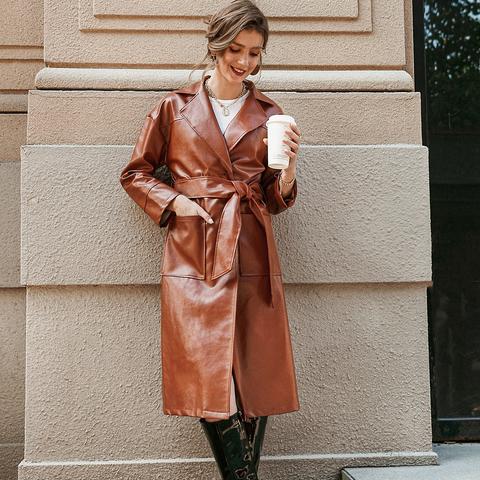 Patch Pocket Belted Pu Leather Coat