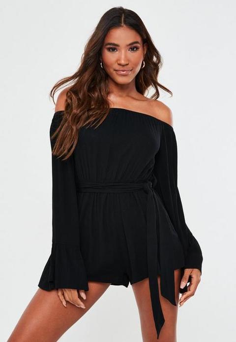 Black Bardot Flared Sleeve Crinkle Playsuit, Black