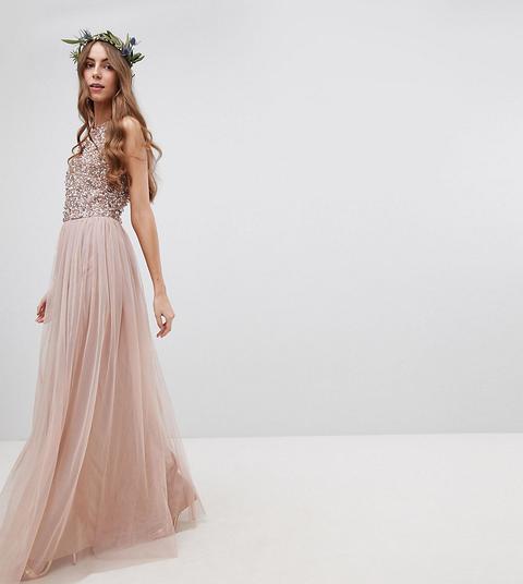 Vestido De Dama De Honor Largo Con Detalle De Tul Y Corpiño De Lentejuelas Sin Mangas Y Con Abertura En La Parte Posterior De Maya Tall-marrón