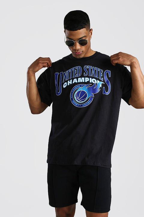 Mens Black Oversized Basketball Champions Print T-shirt, Black