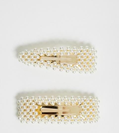Asos Design Pack Of 2 Large Pearl Snap Hair Clips - Gold