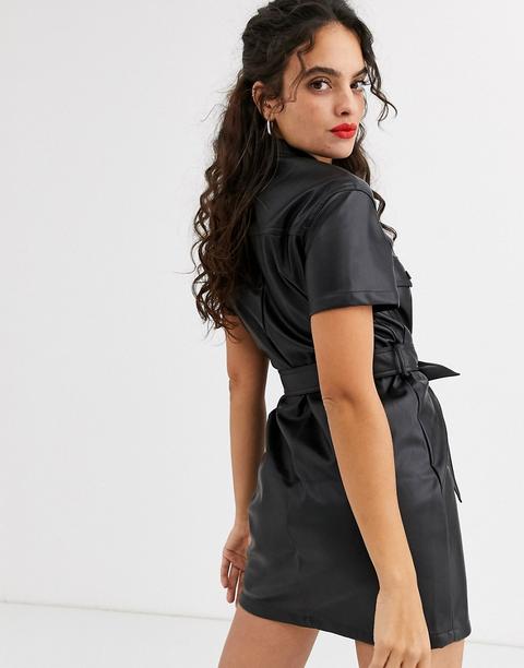 Stradivarius Faux Leather Dress With Tie Waist In Black from ASOS