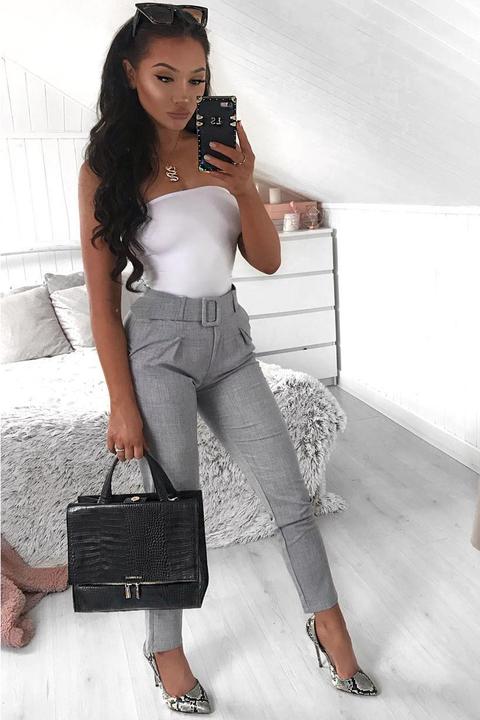 Grey Belted Tailored Trousers - Celena