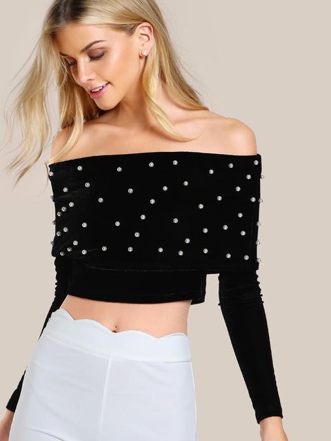 Pearl Beading Foldover Bardot Crop Top