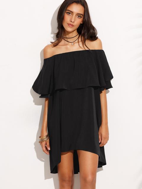 Vestido Recto Con Hombros Al Aire Volantes - Negro