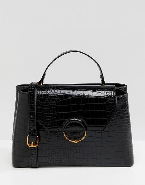 Asos Design Croc City Bag With Ring Ball Detail-black