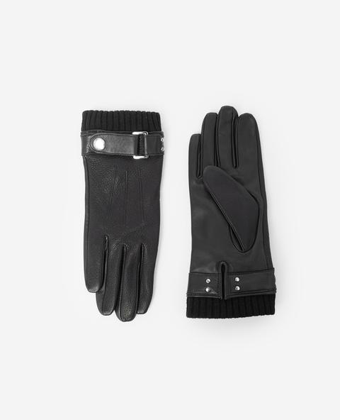 Guantes Negros De Piel Ajustables, Puño Lana - Hombre