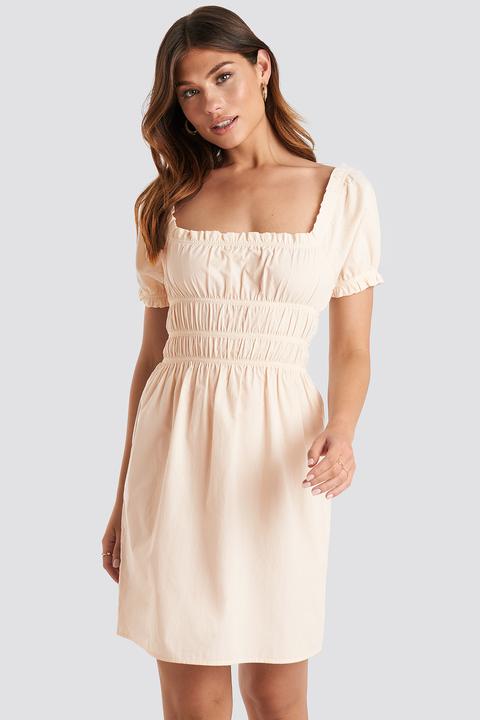 Puff Sleeve Shirring Mini Dress Beige