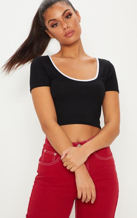 Black Contrast Jersey Short Sleeve Crop Top