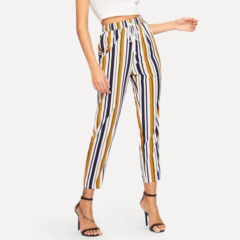 Vielfarbig Ziehbändchen Gestreift Casual Hosen