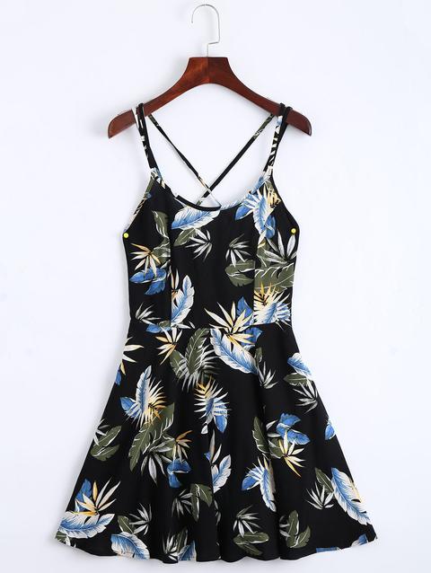 Leaves Print Open Back Cami Dress