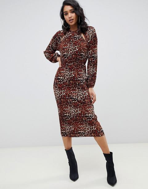 Vestido Midi Con Diseño Plisado Y Aberturas En Estampado De Leopardo De Asos Design-multicolor