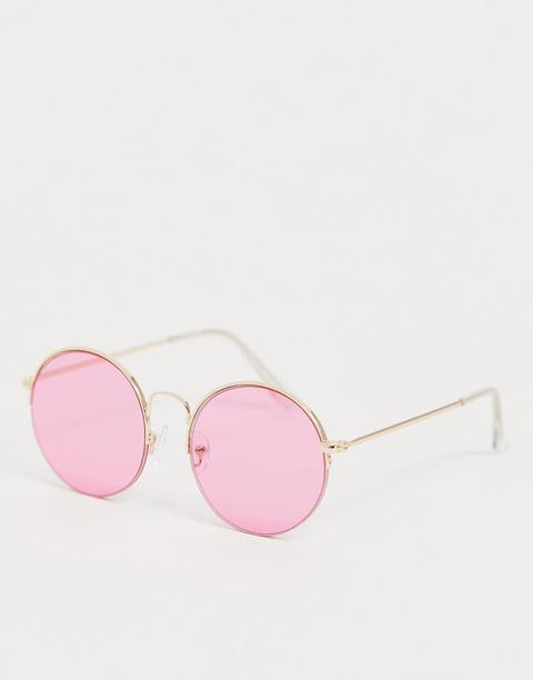 Asos Design Round Half Rim Sunglasses In Gold With Pink Lenses