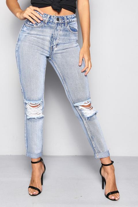Blue High Waisted Ripped Knee Mom Jeans