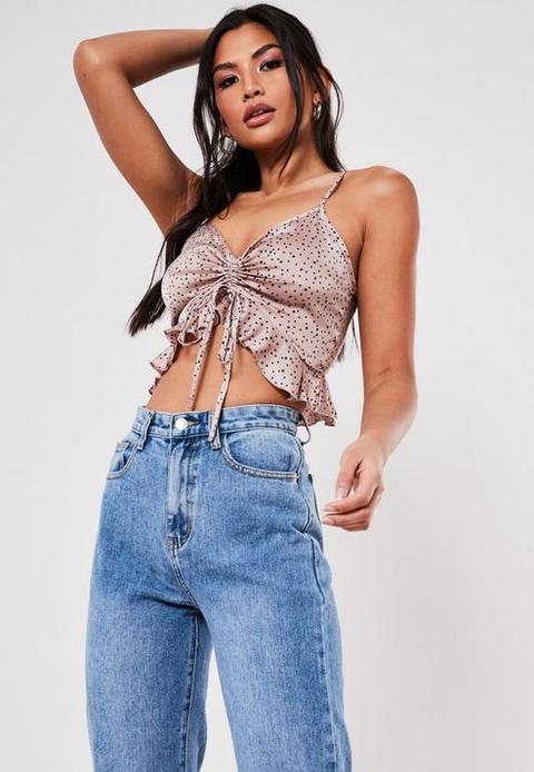Pink Polka Dot Ruched Front Cami Crop Top, Pink