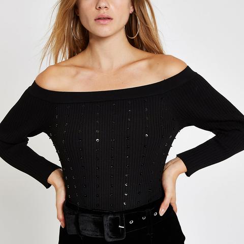 Black Knit Sequin Long Sleeve Bardot Top from River Island on 21