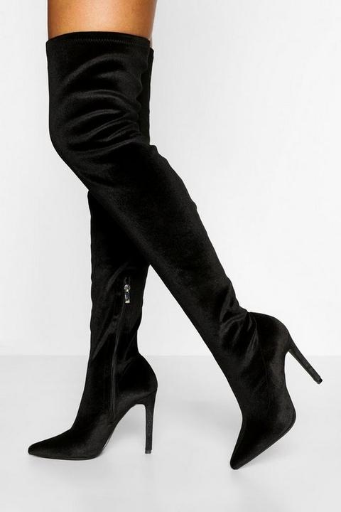 Womens Velvet Stiletto Over The Knee Boot - Black - 5, Black