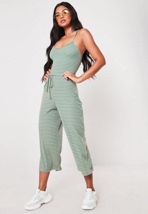 Green Rib Stripe Culotte Jumpsuit 